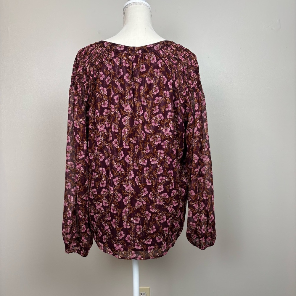 Loft Top Medium Burgundy Floral Lined V-Neck Tie Front Long Sleeve Blouse - Picture 7 of 11